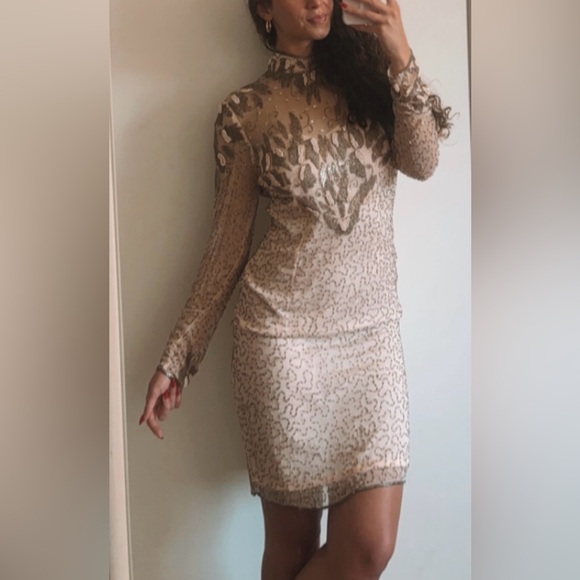 Vintage 70s Beaded Embroidered Sheer Long Sleeve Open Back Cocktail Party Dress - Picture 1 of 17